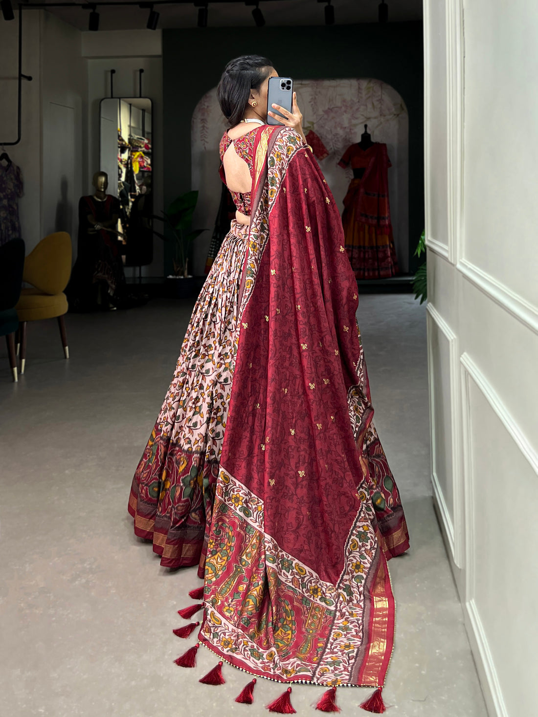 White & Red Floral Print Lehenga Set