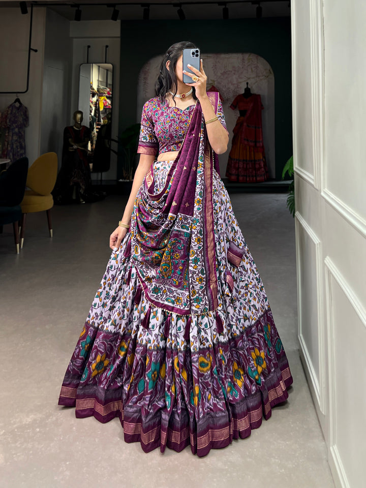White & Plum Floral Print Lehenga Set