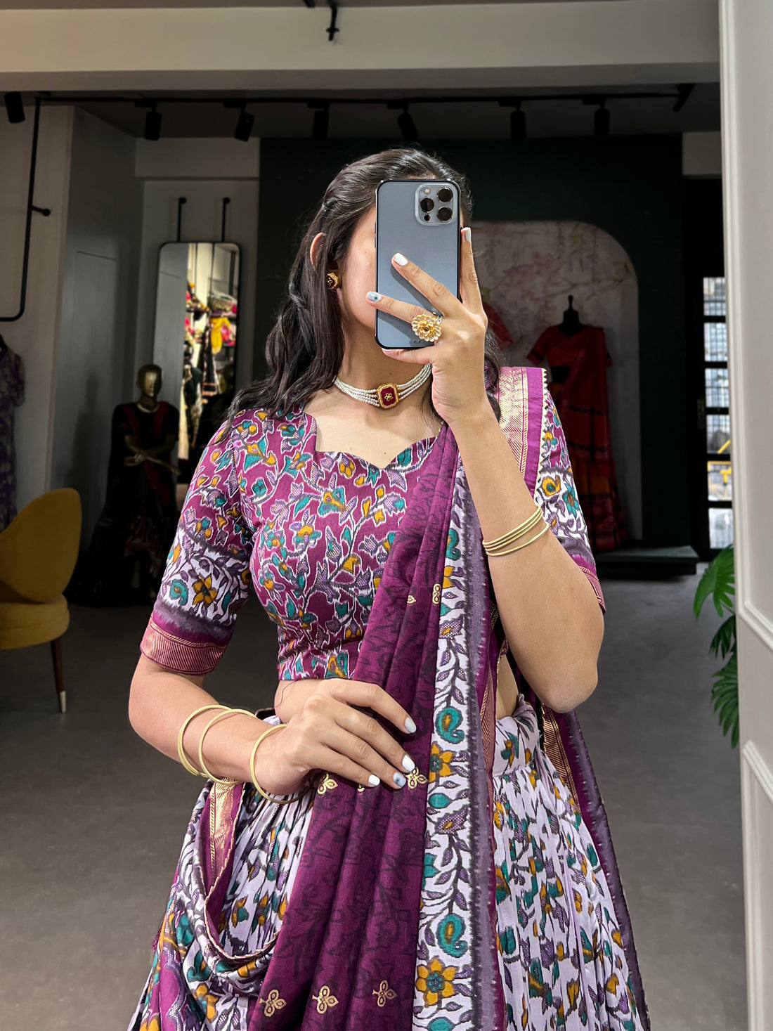White & Plum Floral Print Lehenga Set