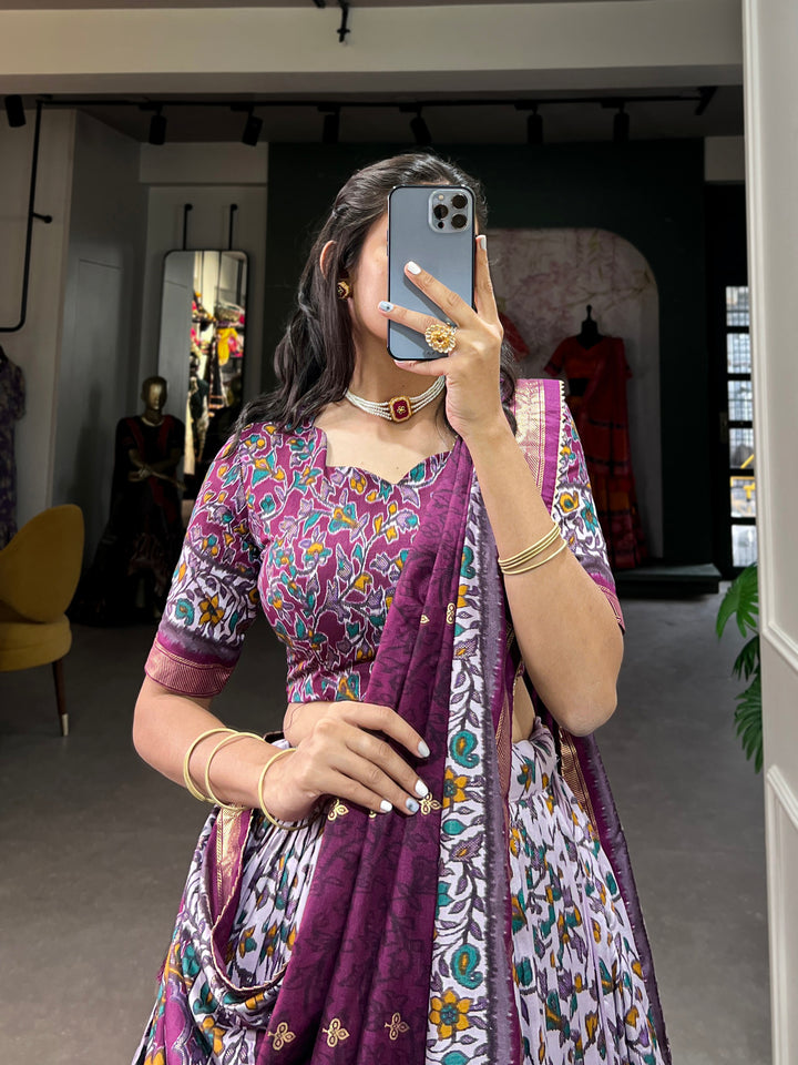 White & Plum Floral Print Lehenga Set