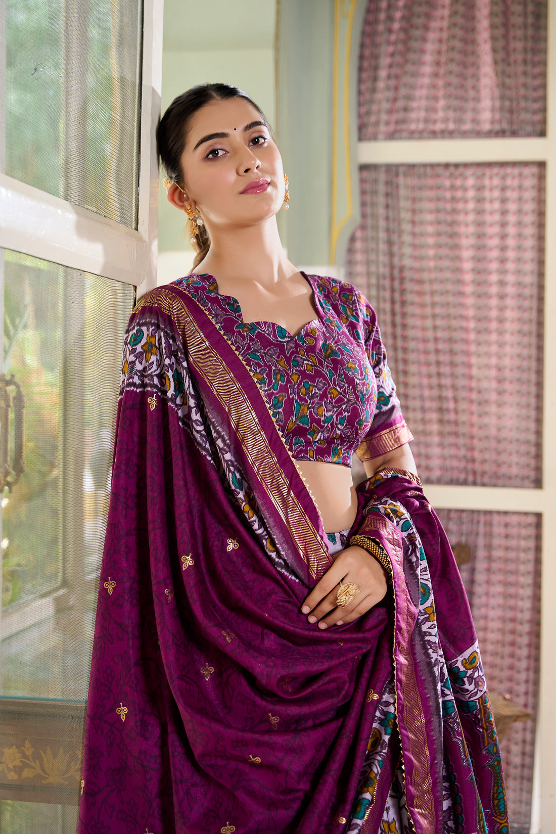 White & Plum Floral Print Lehenga Set