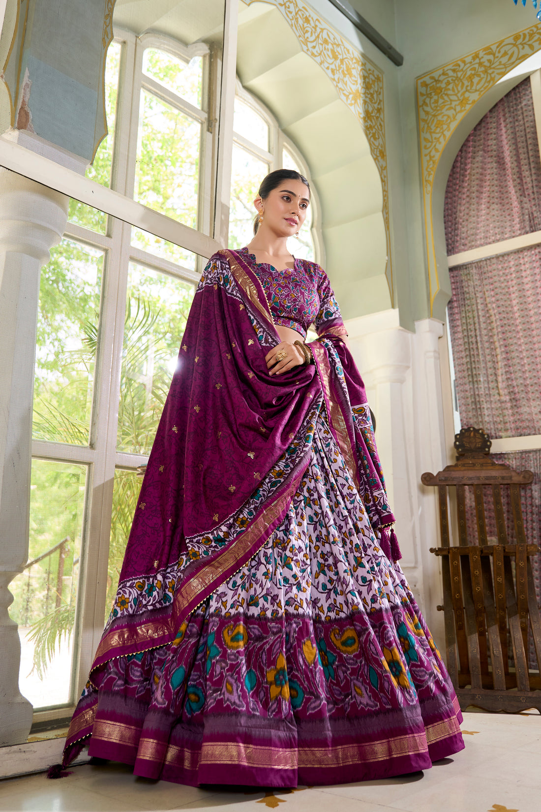 White & Plum Floral Print Lehenga Set