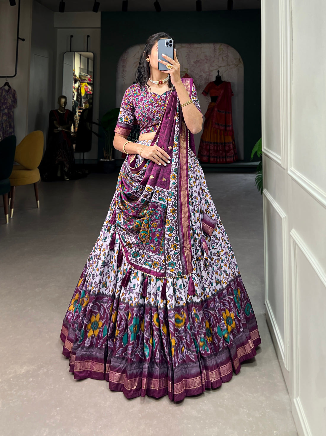 White & Plum Floral Print Lehenga Set