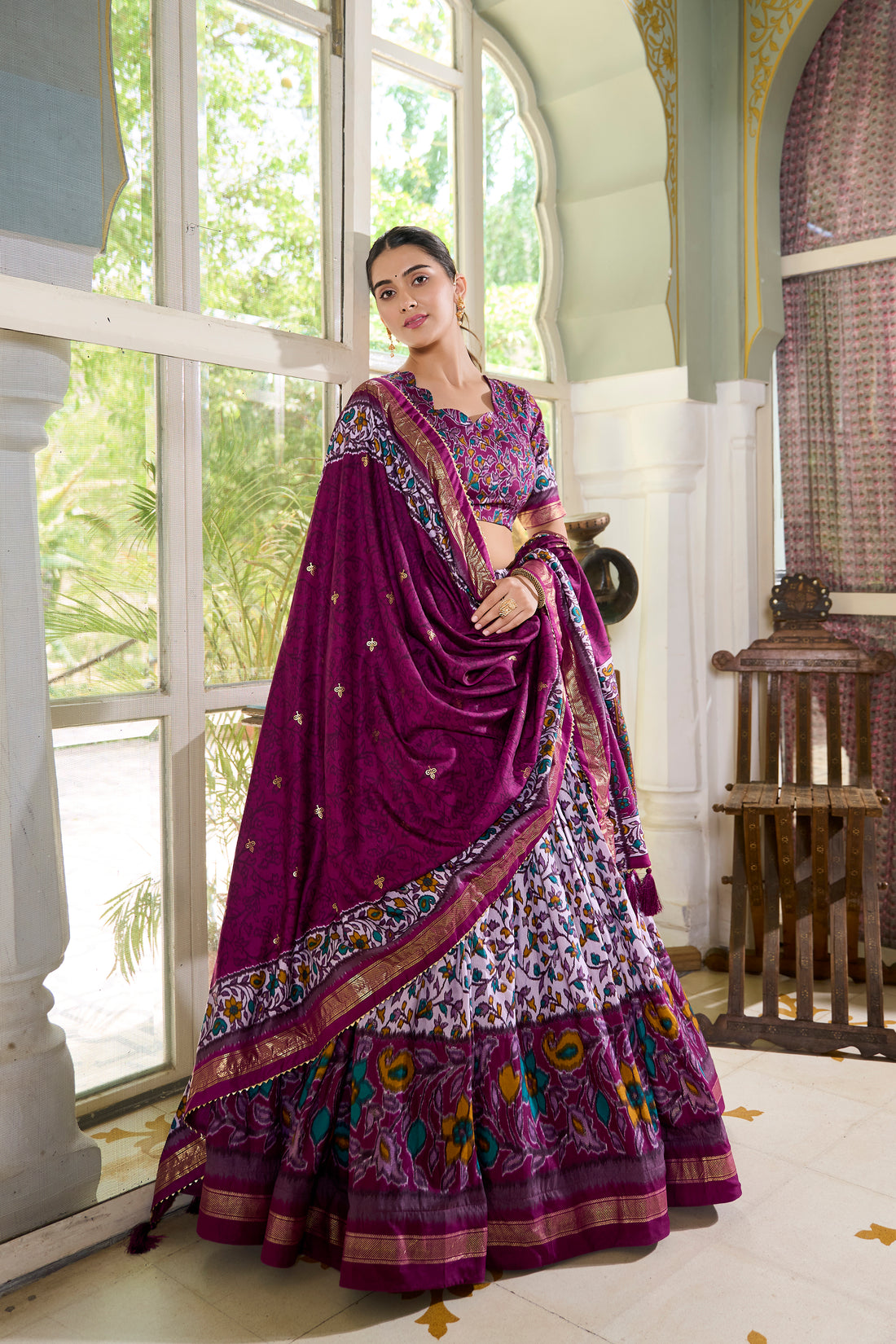 White & Plum Floral Print Lehenga Set