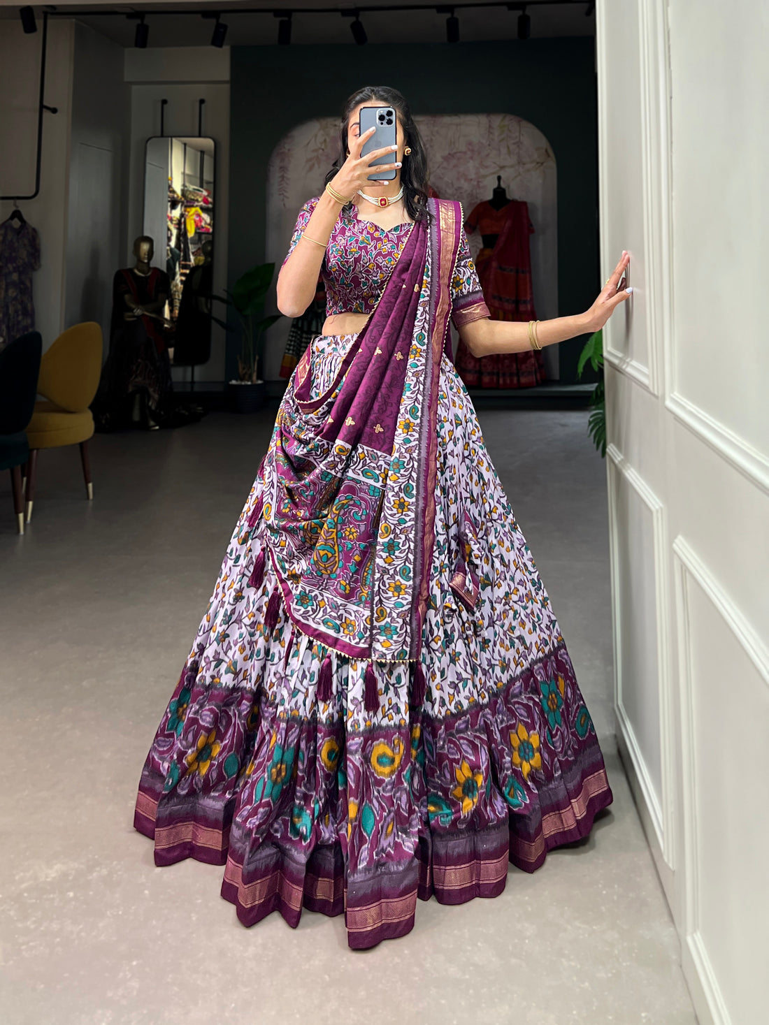 White & Plum Floral Print Lehenga Set
