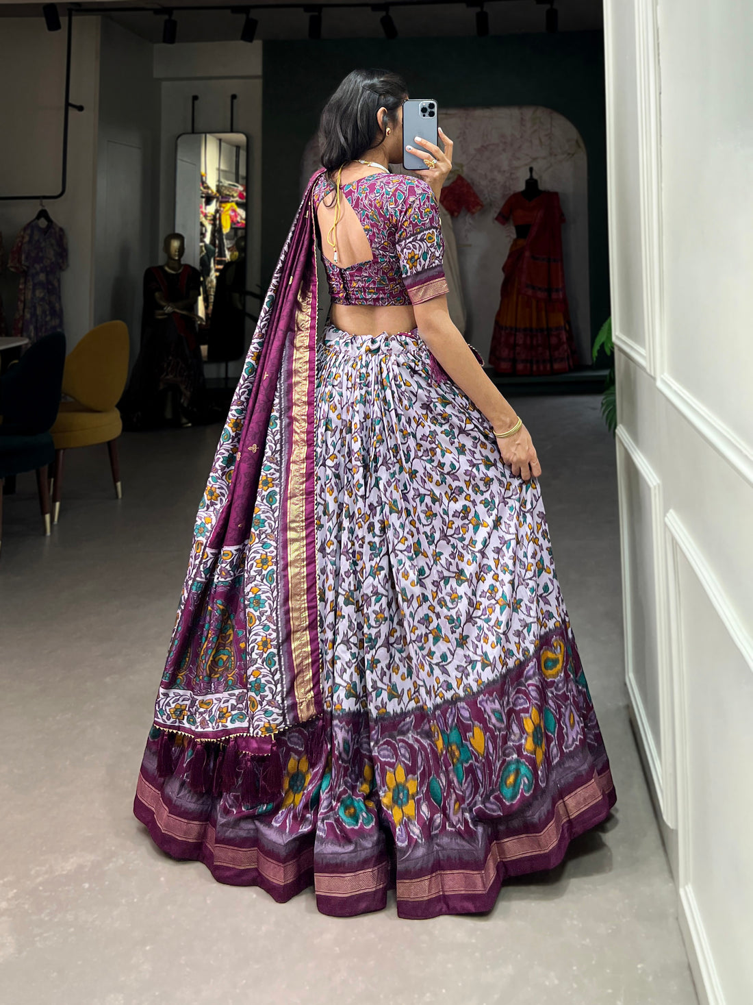 White & Plum Floral Print Lehenga Set