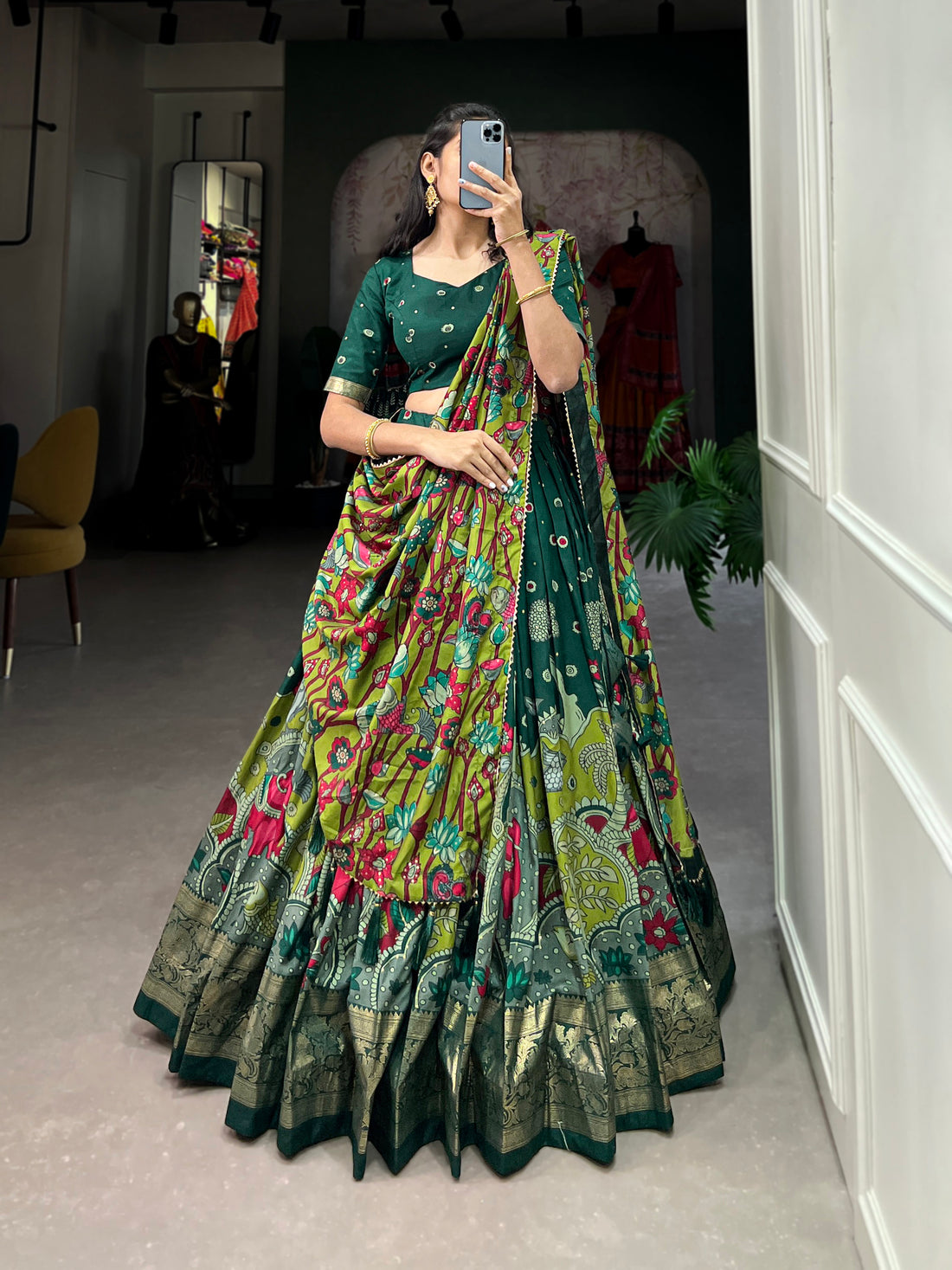 Parrot &  Dark green Traditional Print Lehenga Set