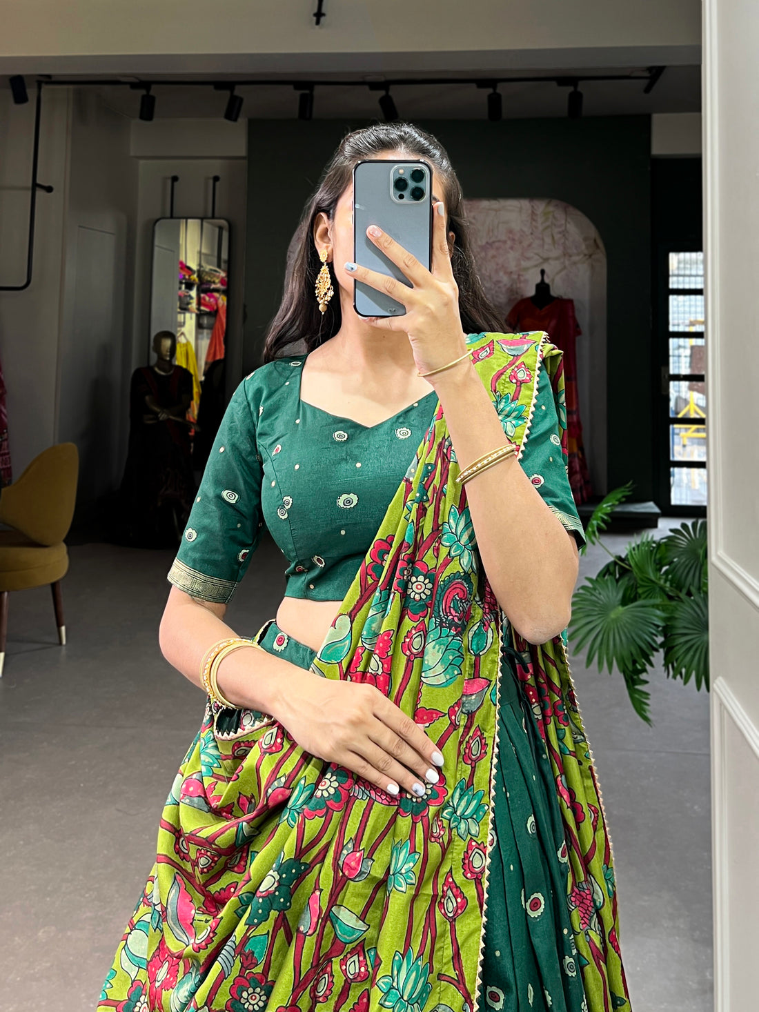Parrot &  Dark green Traditional Print Lehenga Set