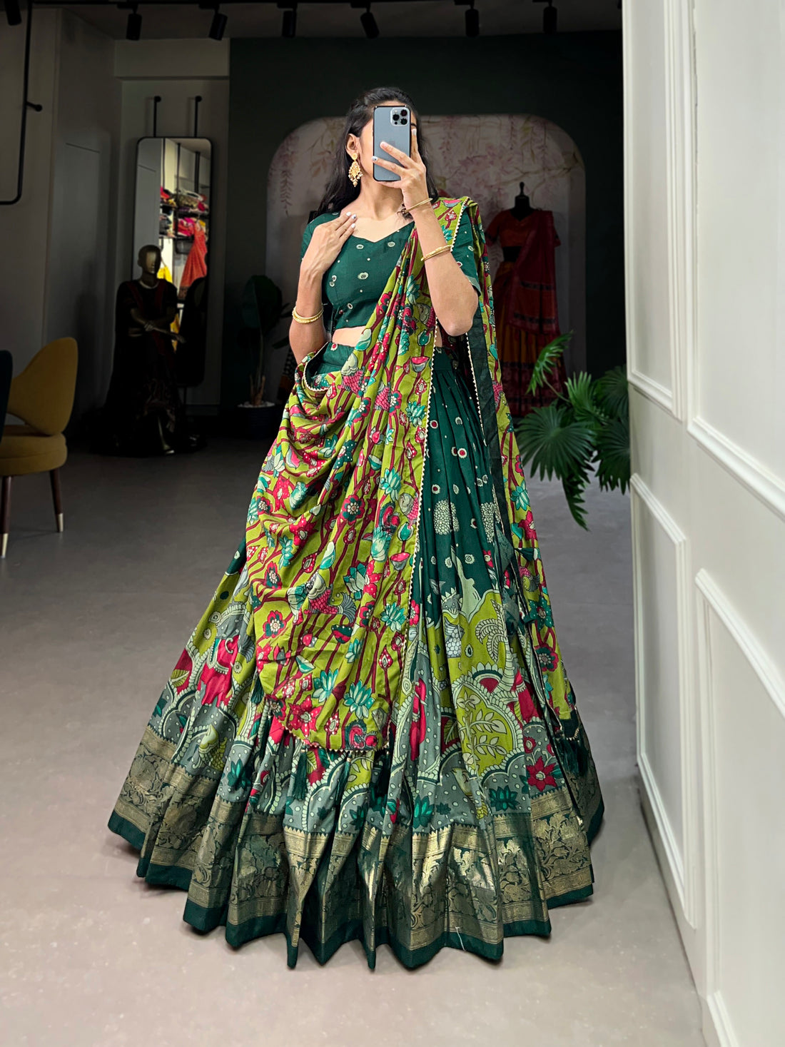Parrot &  Dark green Traditional Print Lehenga Set