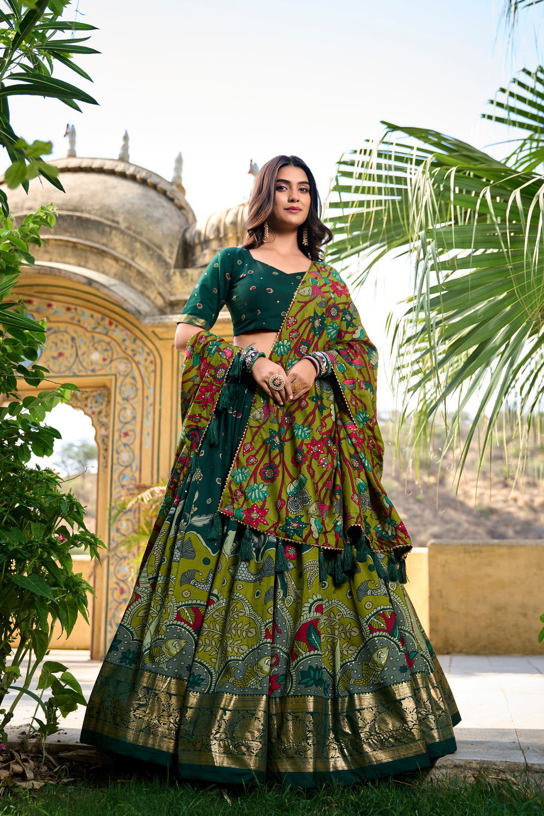 Parrot &  Dark green Traditional Print Lehenga Set