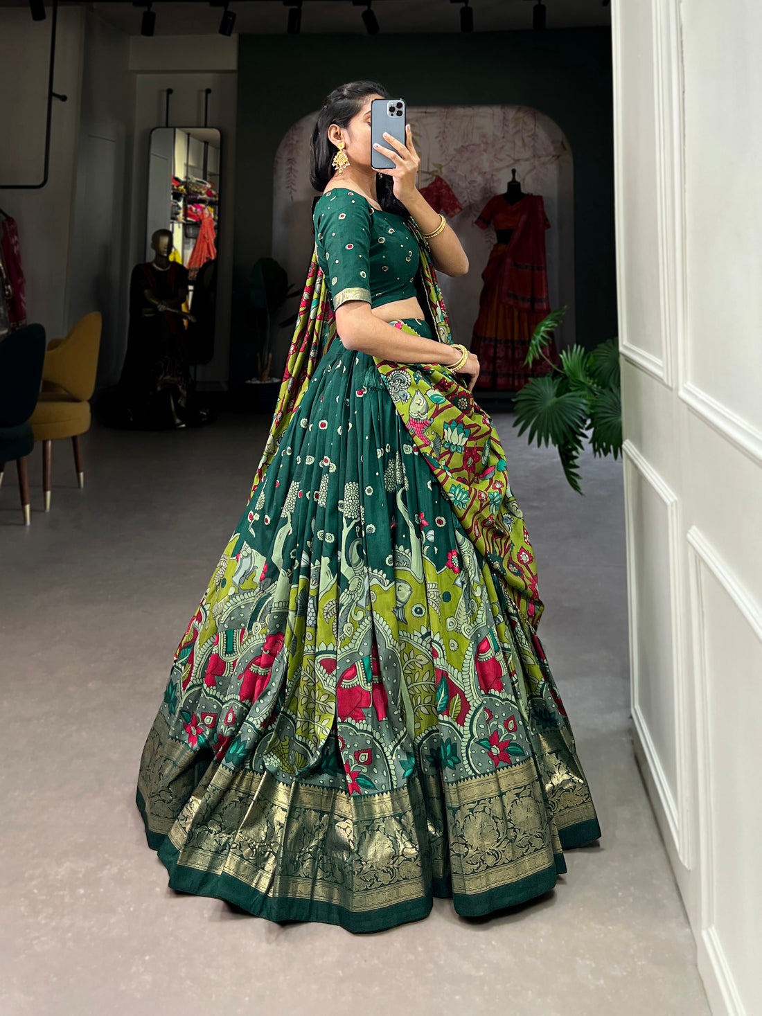 Parrot &  Dark green Traditional Print Lehenga Set