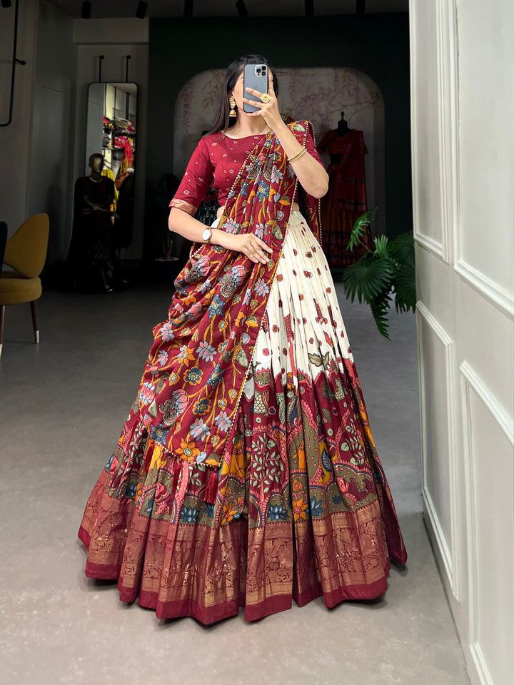 Dark  red  & white Teal Traditional Print Lehenga Set