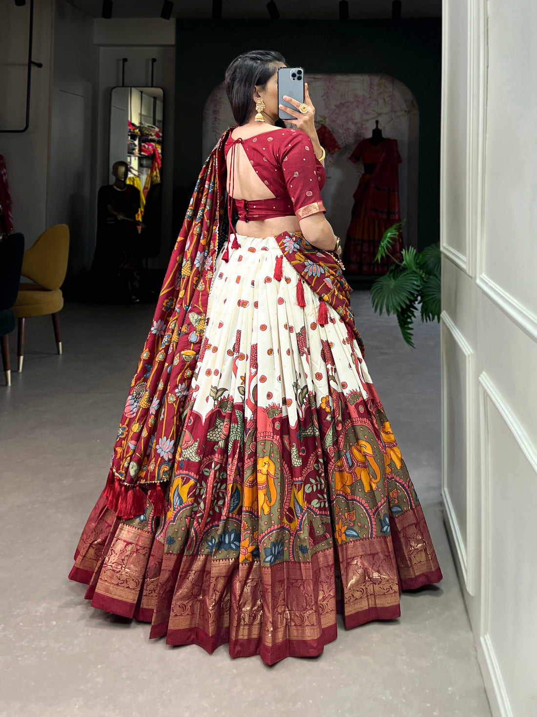 Dark  red  & white Teal Traditional Print Lehenga Set