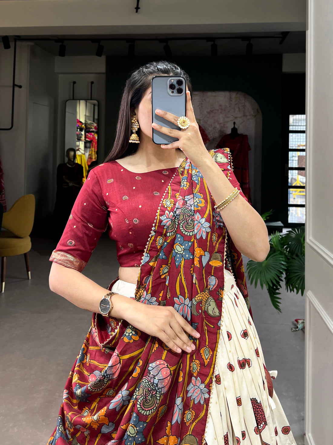Dark  red  & white Teal Traditional Print Lehenga Set