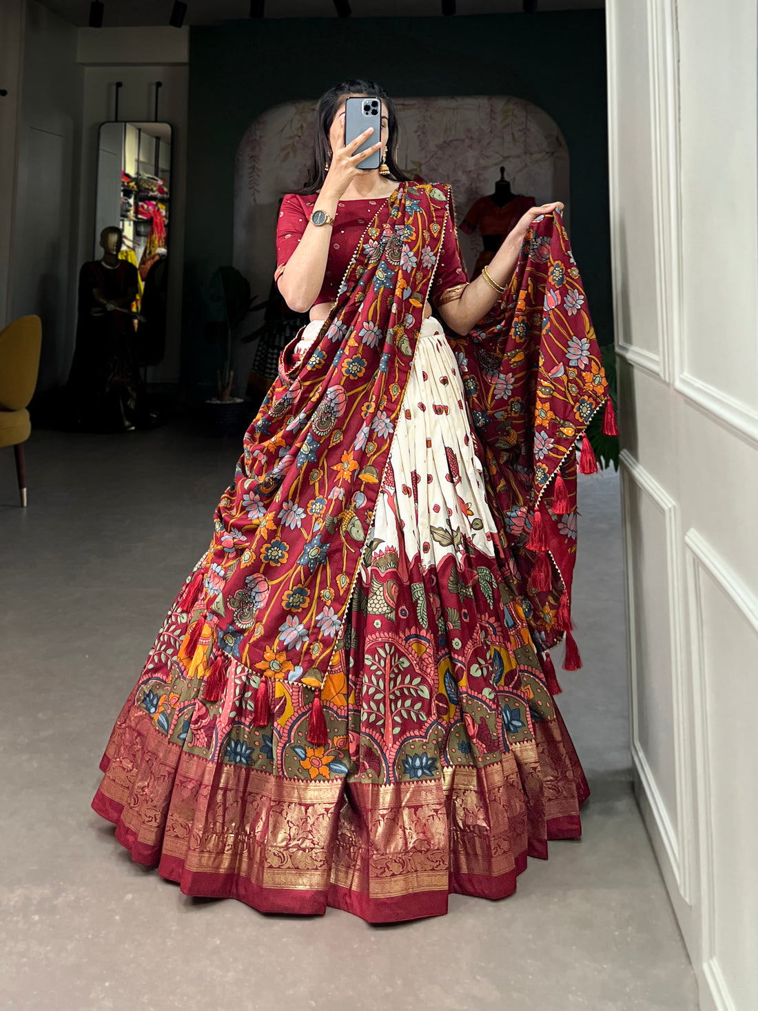 Dark  red  & white Teal Traditional Print Lehenga Set