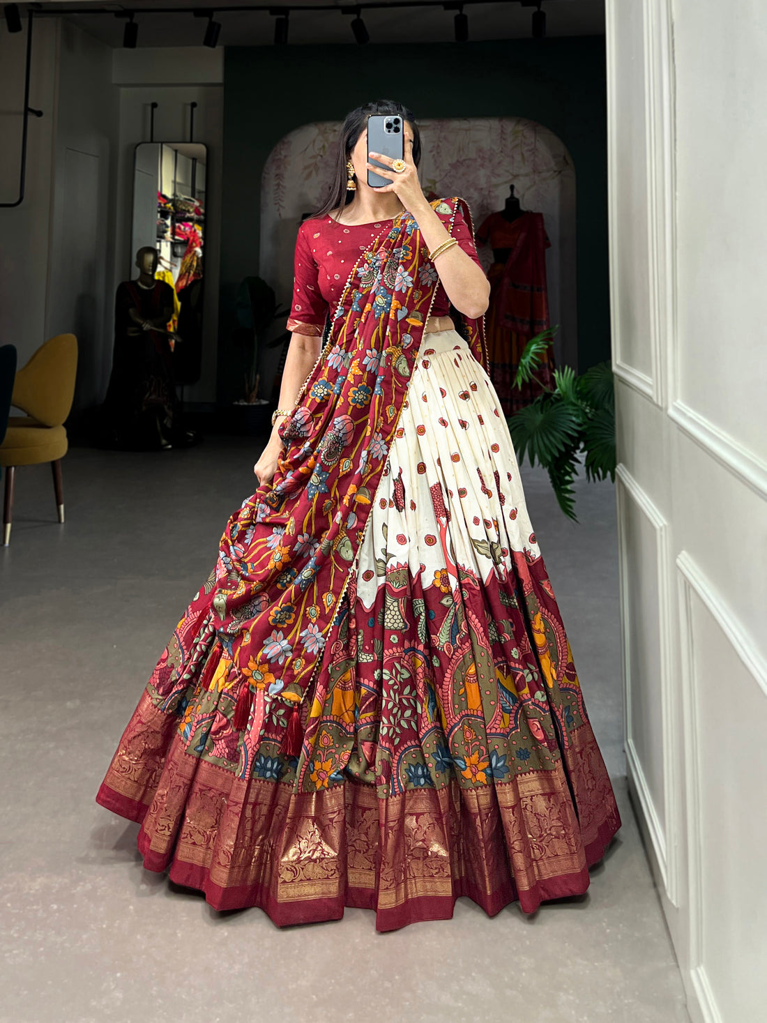 Dark  red  & white Teal Traditional Print Lehenga Set