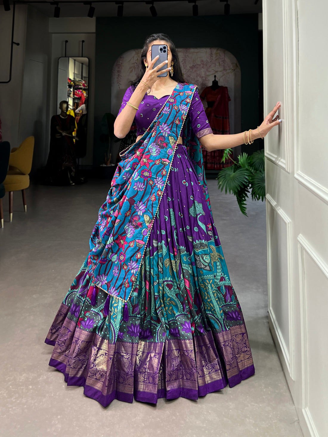 Purple & Teal Traditional Print Lehenga Set