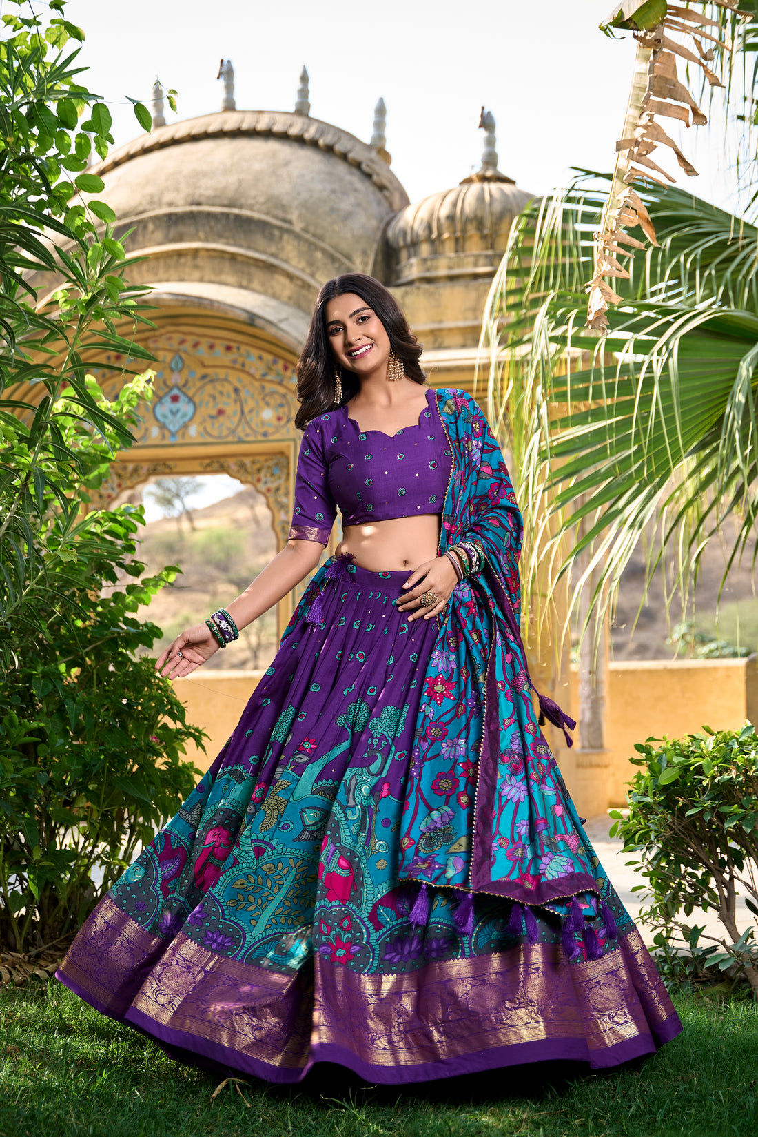 Purple & Teal Traditional Print Lehenga Set
