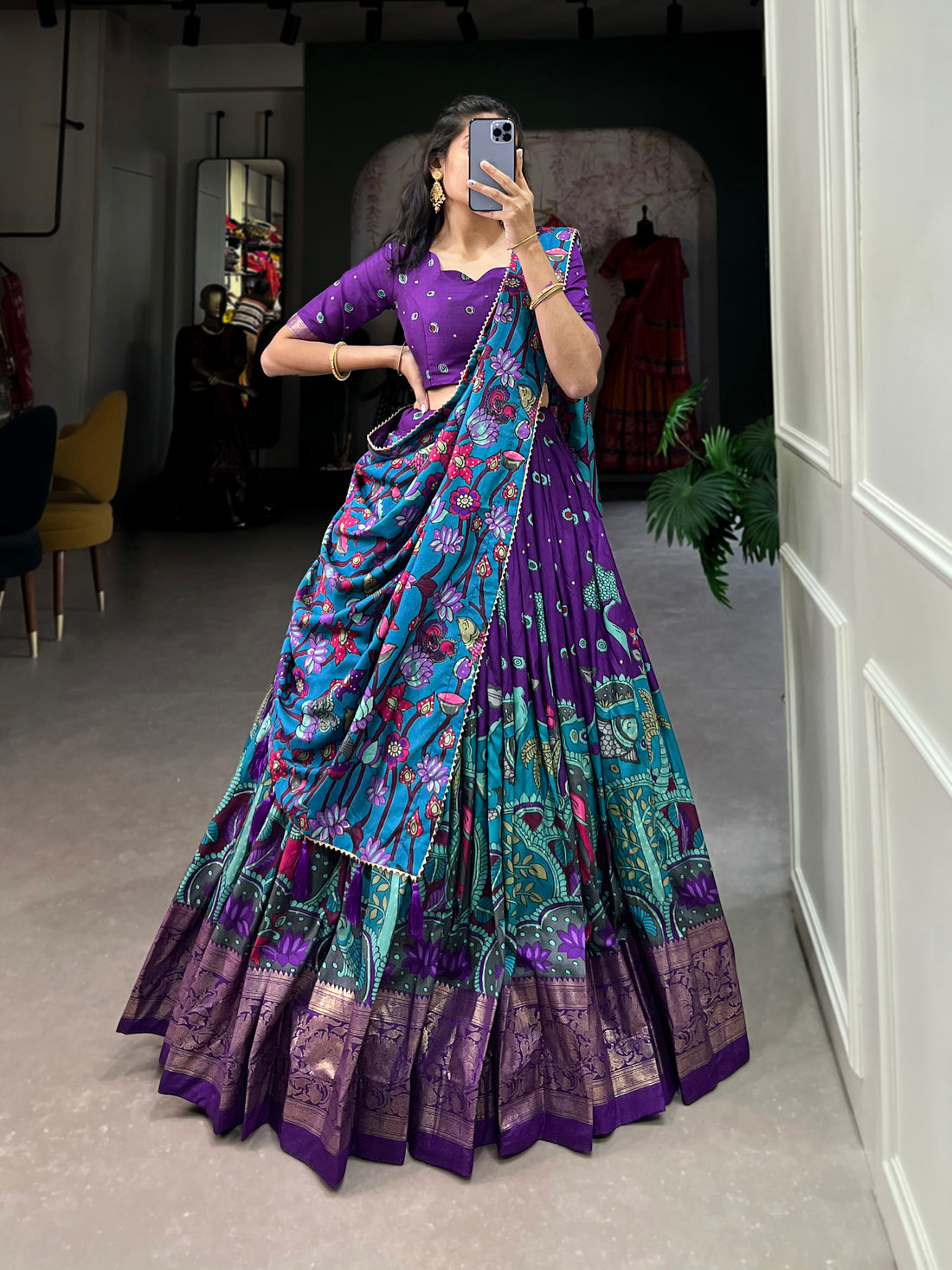 Purple & Teal Traditional Print Lehenga Set