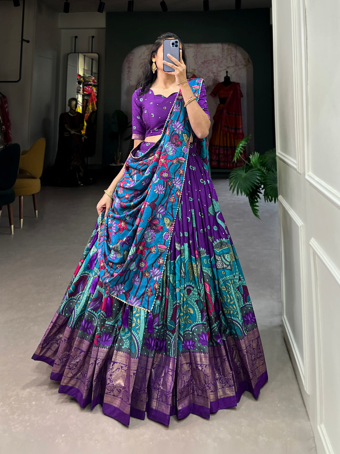 Purple & Teal Traditional Print Lehenga Set