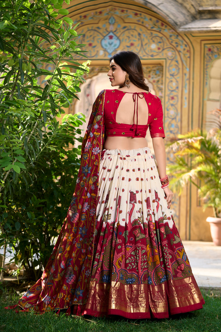 Dark  red  & white Teal Traditional Print Lehenga Set