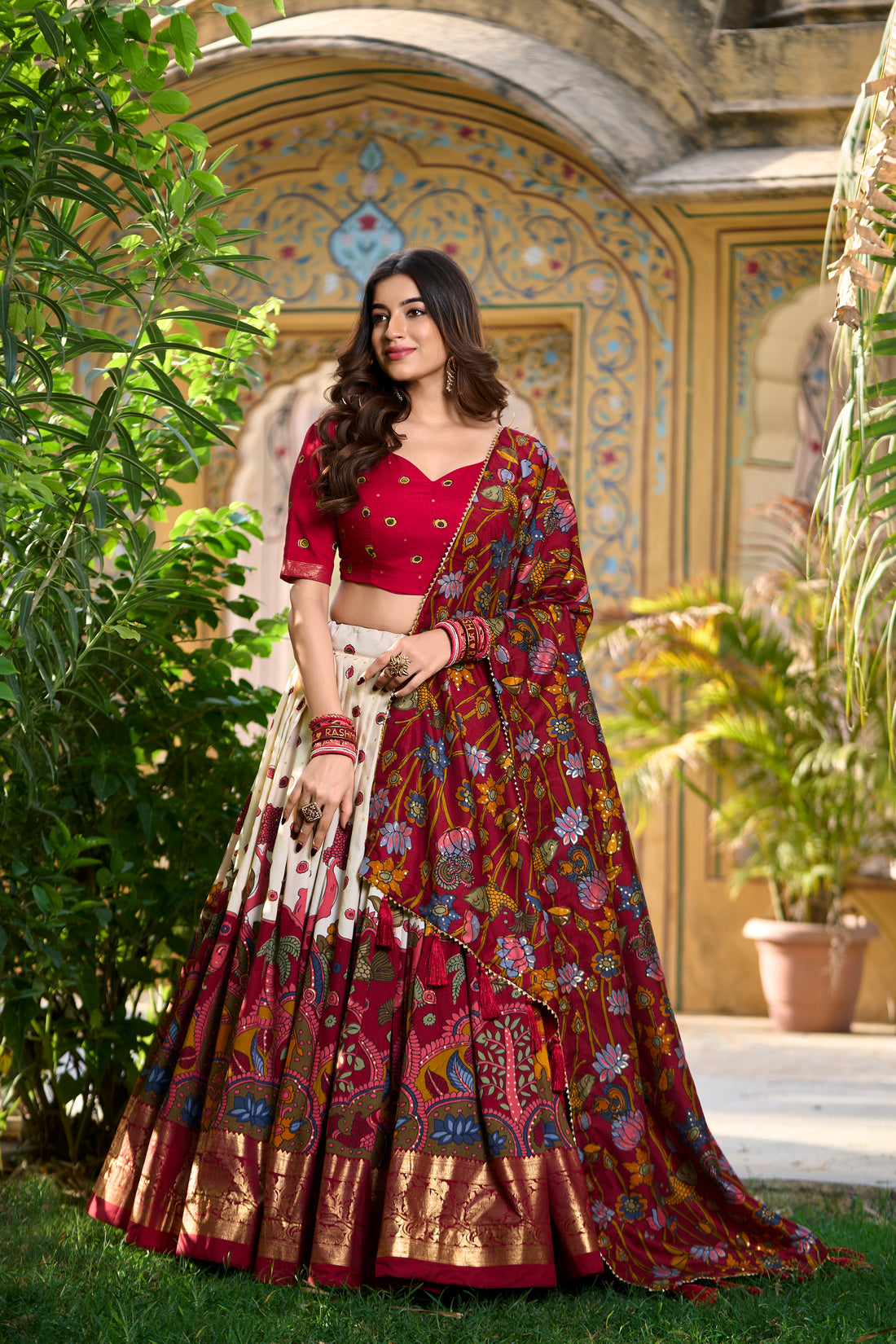 Dark  red  & white Teal Traditional Print Lehenga Set