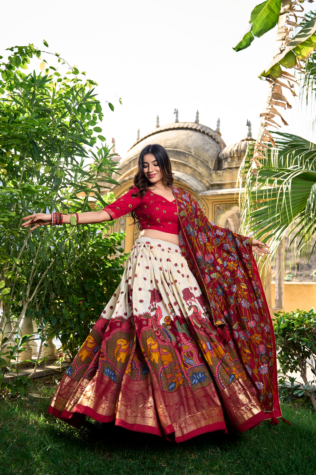 Dark  red  & white Teal Traditional Print Lehenga Set