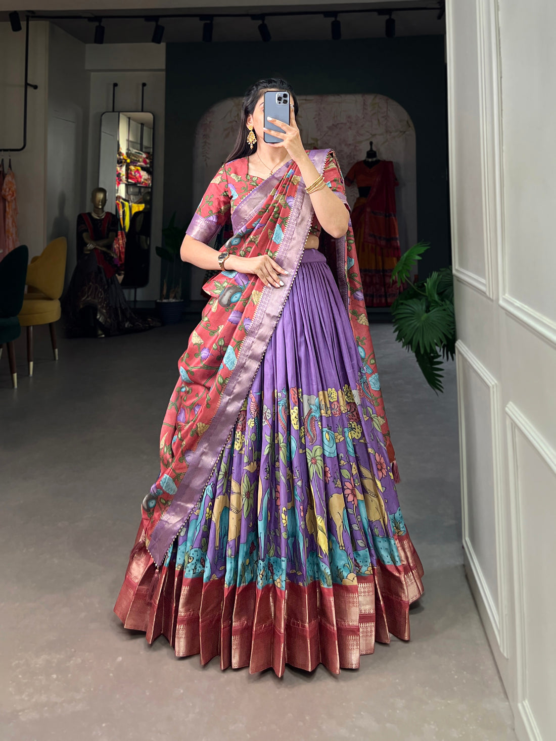 Handpainted Animal Motif Silk Lehenga Set