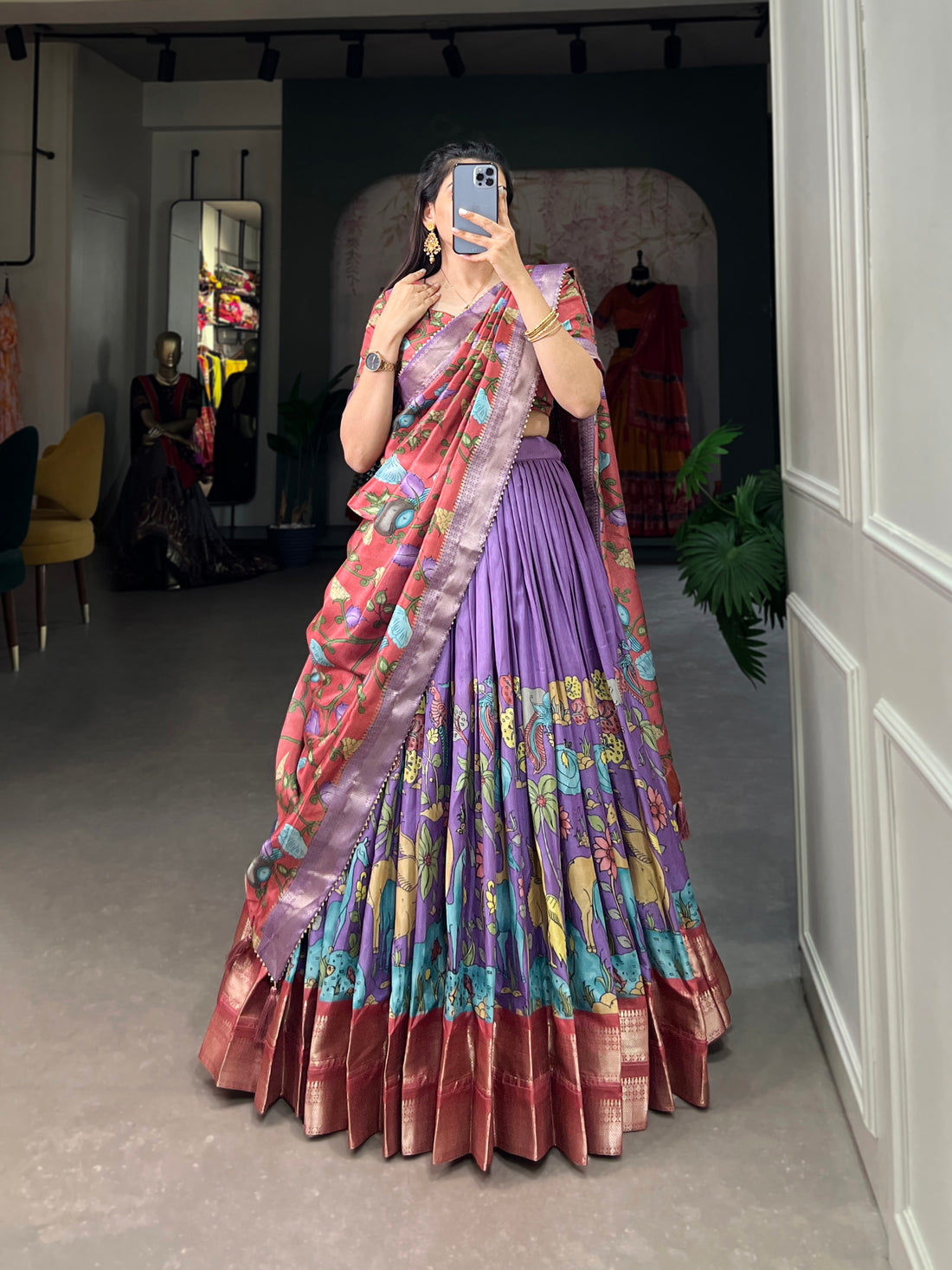 Handpainted Animal Motif Silk Lehenga Set