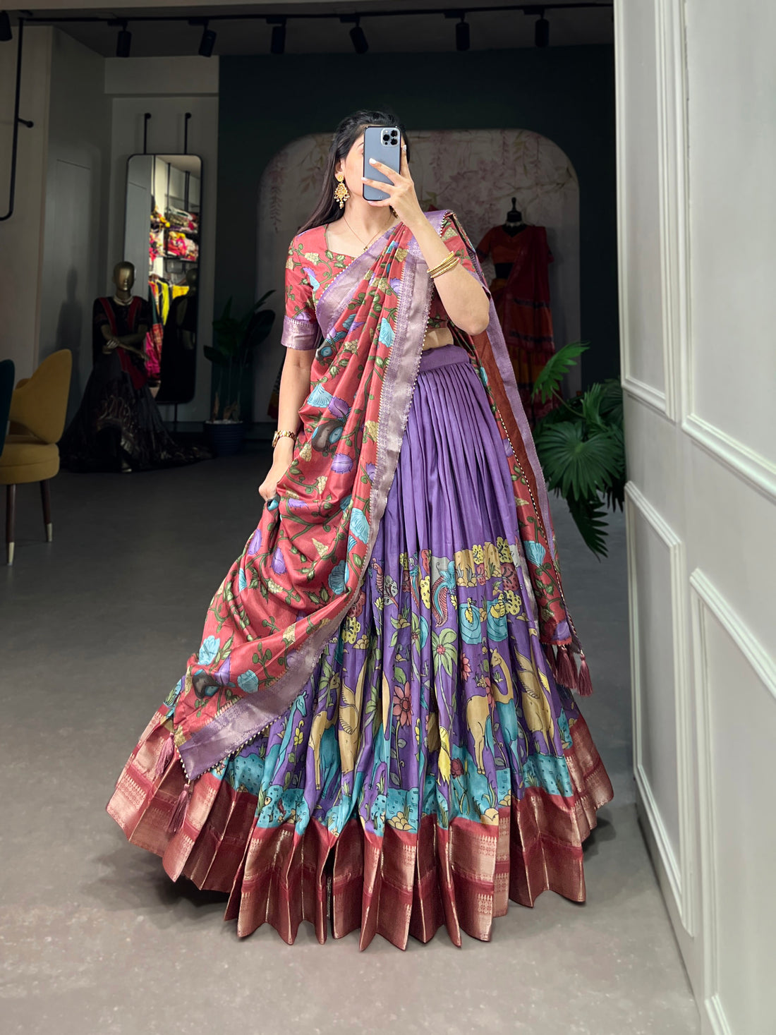 Handpainted Animal Motif Silk Lehenga Set
