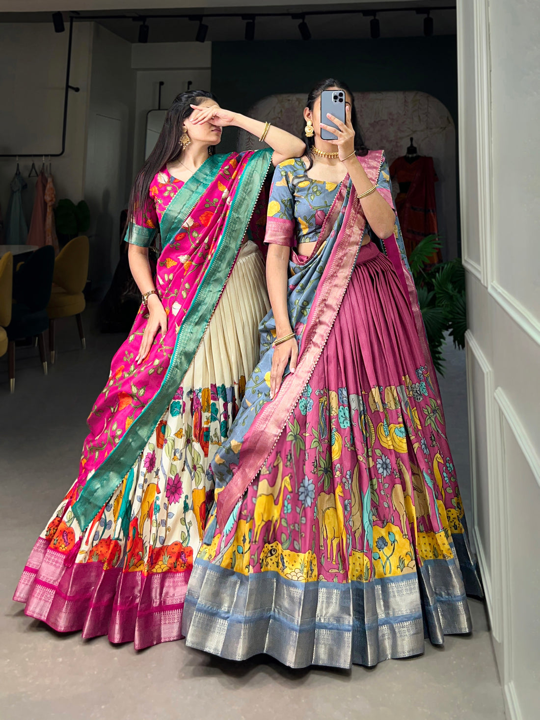 Handpainted Animal Motif Silk Lehenga Set