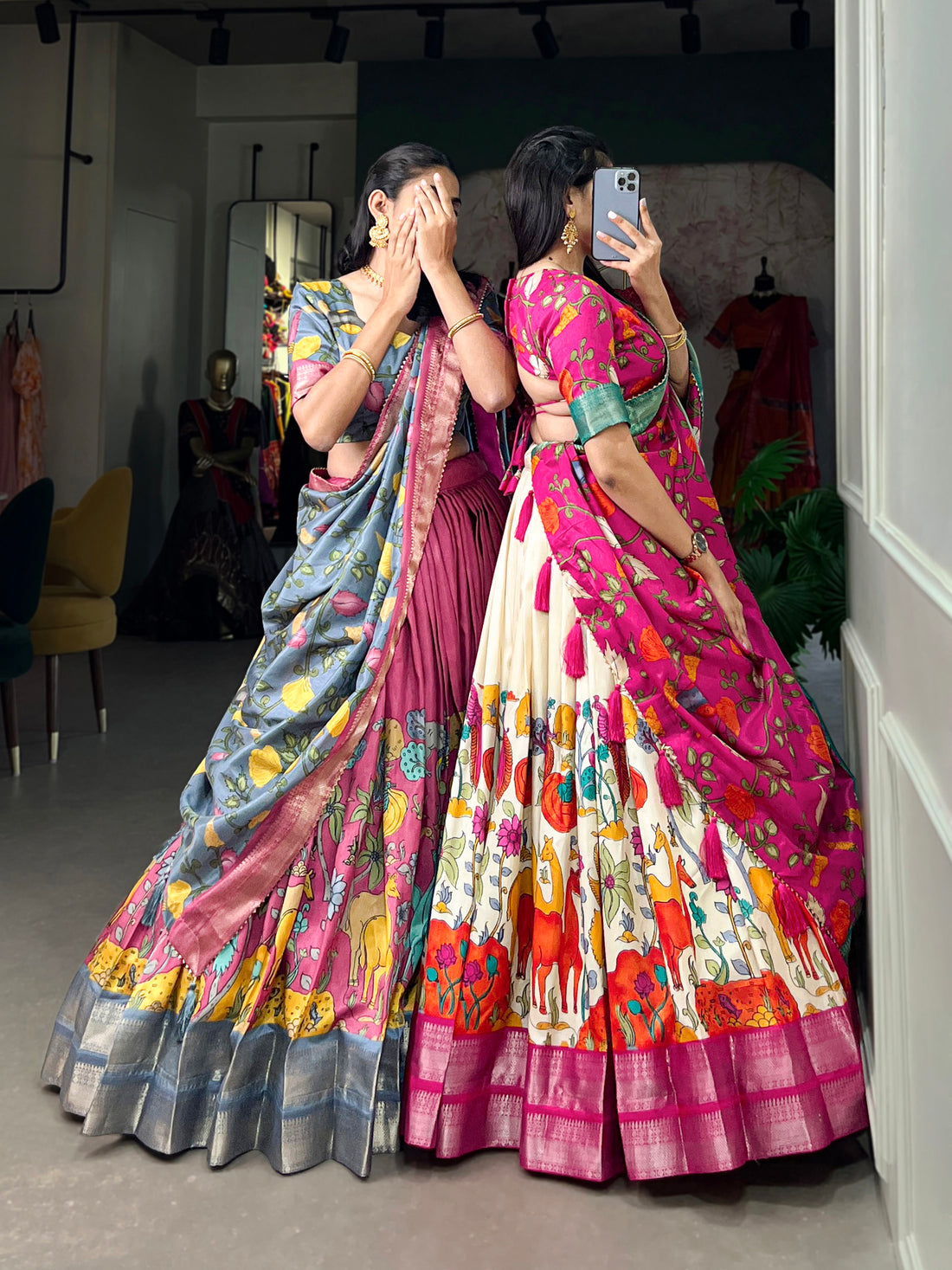 Handpainted Animal Motif Silk Lehenga Set