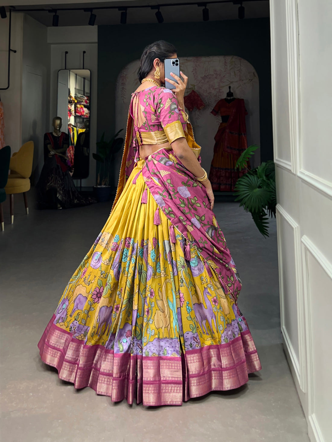 Handpainted Animal Motif Silk Lehenga Set