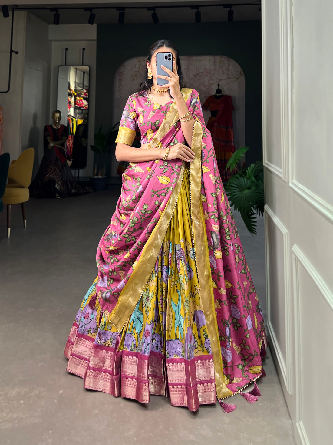 Handpainted Animal Motif Silk Lehenga Set