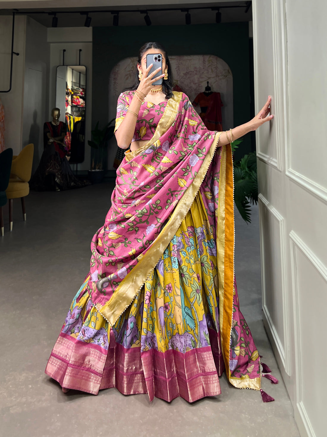 Handpainted Animal Motif Silk Lehenga Set