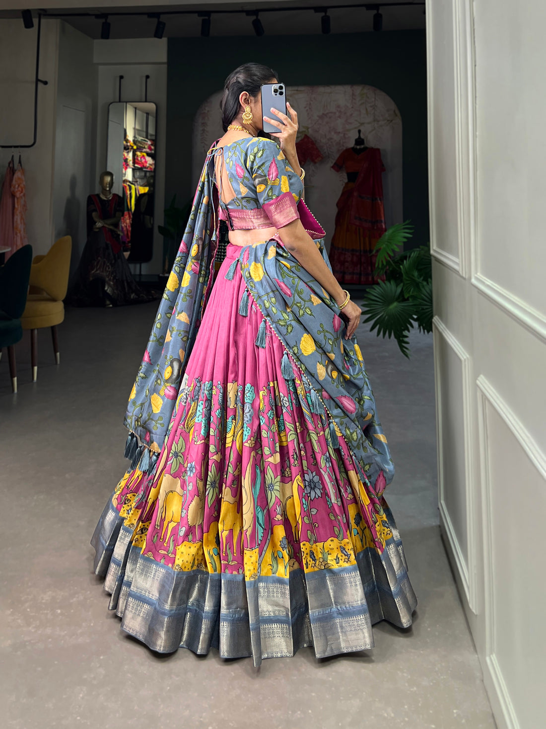 Handpainted Animal Motif Silk Lehenga Set