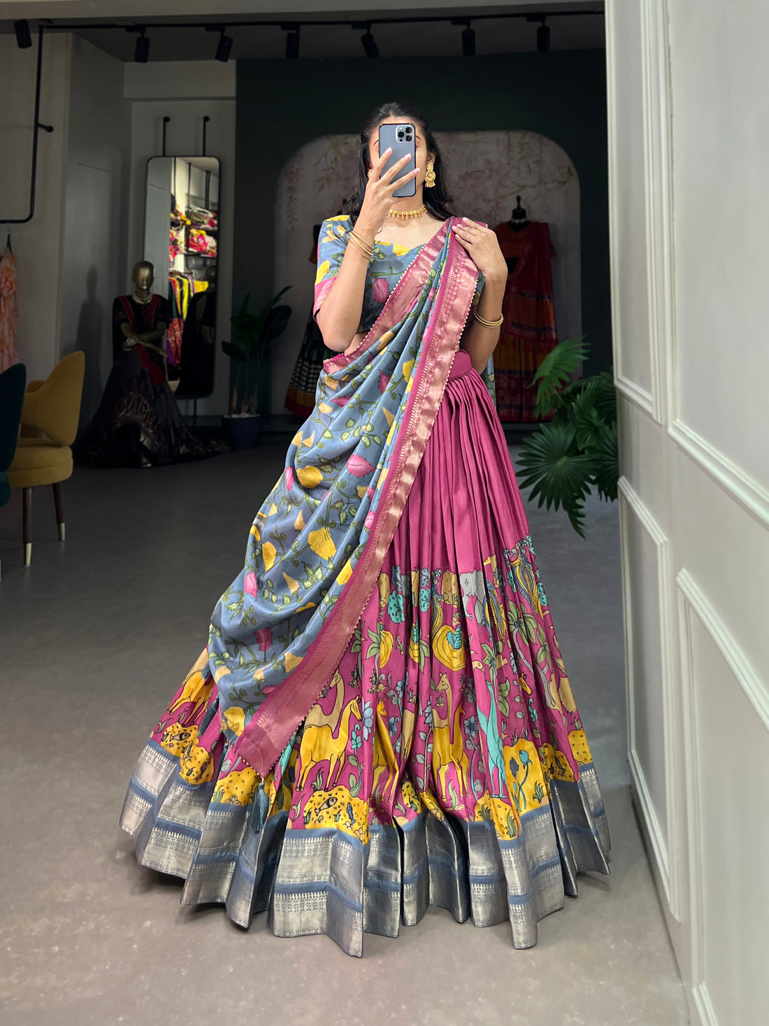 Handpainted Animal Motif Silk Lehenga Set