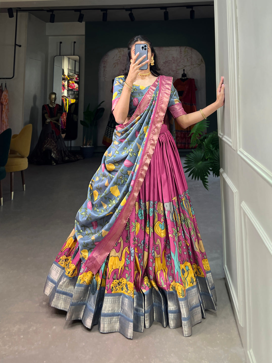 Handpainted Animal Motif Silk Lehenga Set