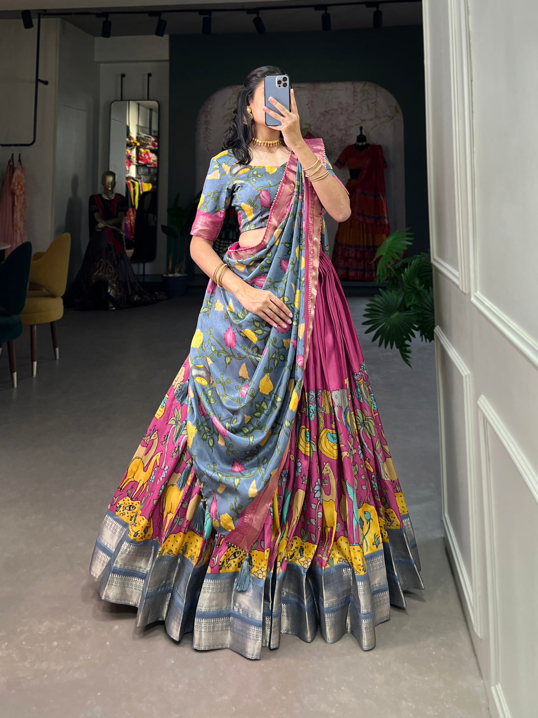 Handpainted Animal Motif Silk Lehenga Set