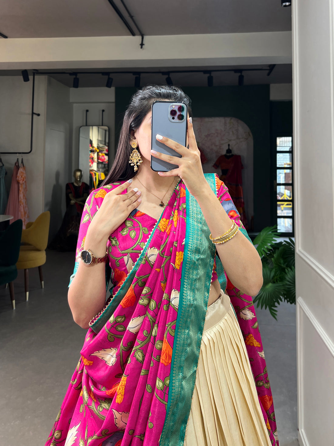 Handpainted Animal Motif Silk Lehenga Set