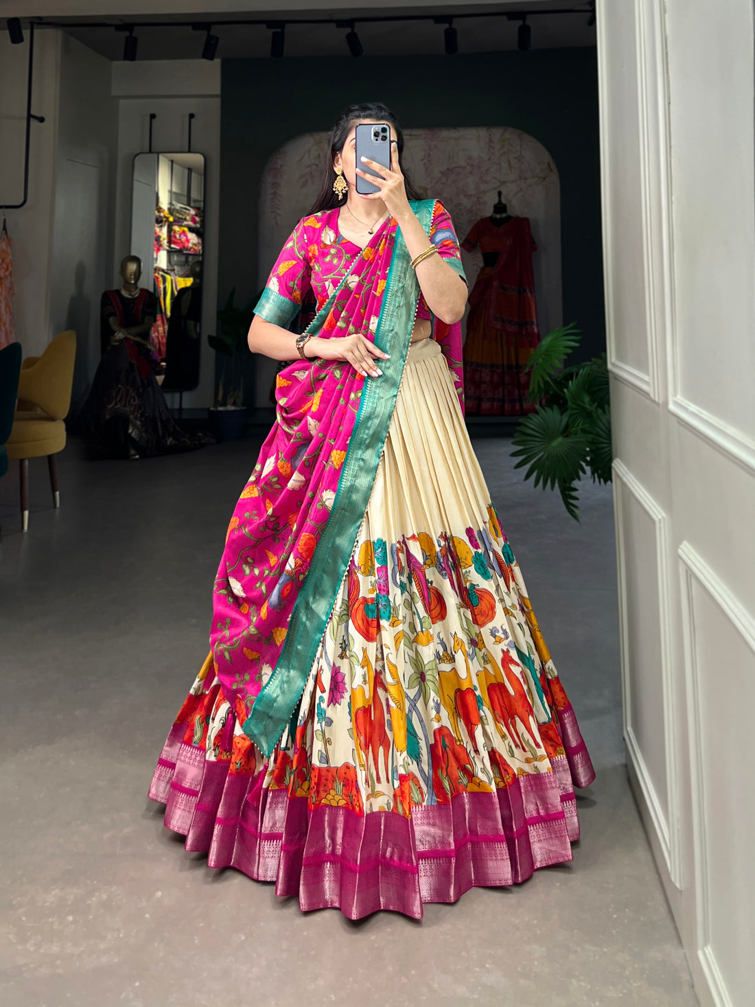 Handpainted Animal Motif Silk Lehenga Set
