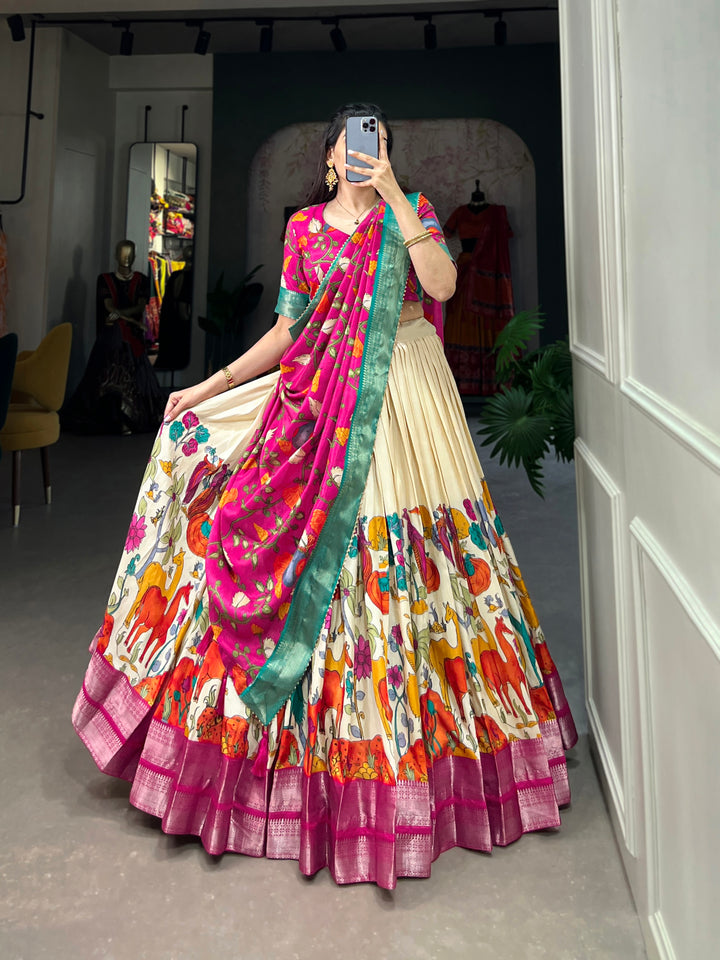 Handpainted Animal Motif Silk Lehenga Set