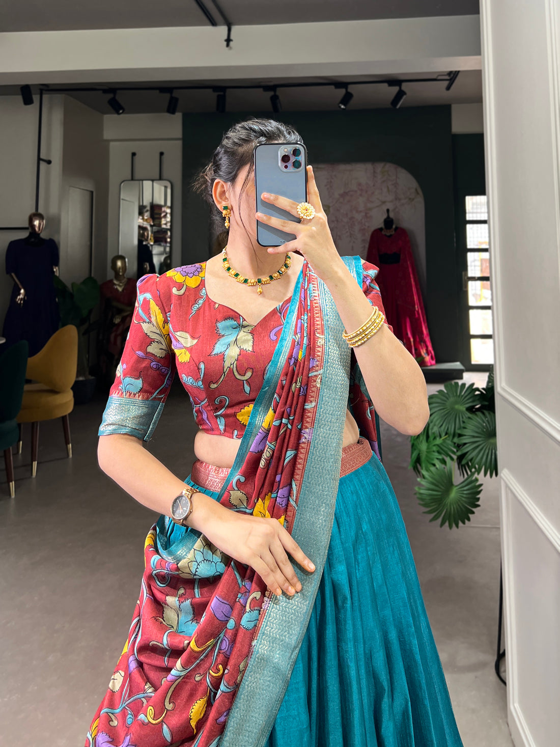 red  & sky   Kalamkari Lehenga Set