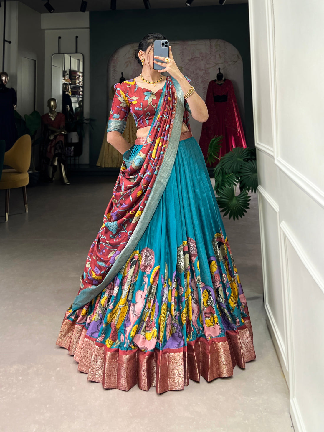 red  & sky   Kalamkari Lehenga Set
