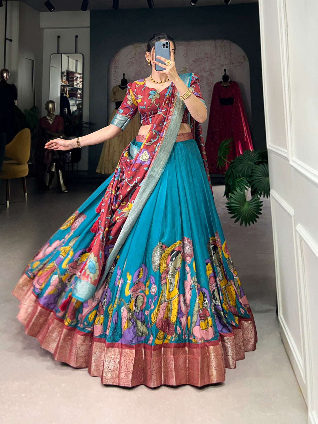 red  & sky   Kalamkari Lehenga Set