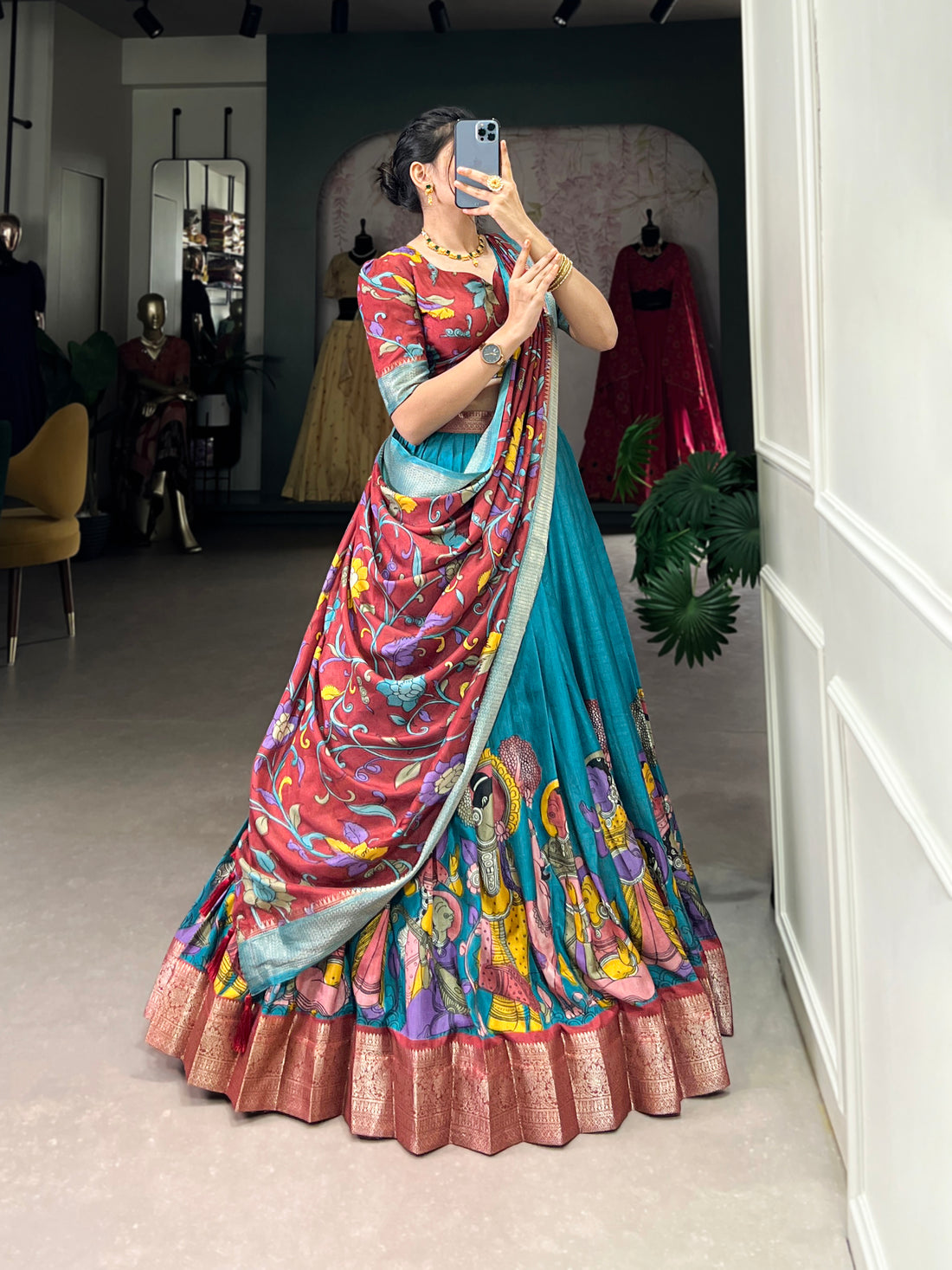 red  & sky   Kalamkari Lehenga Set