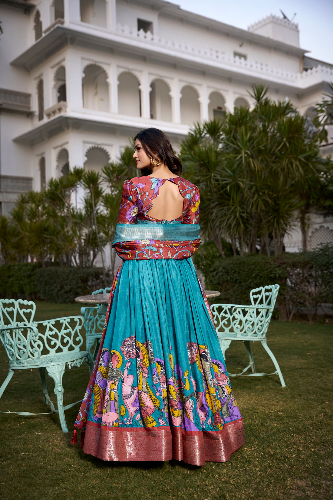 red  & sky   Kalamkari Lehenga Set