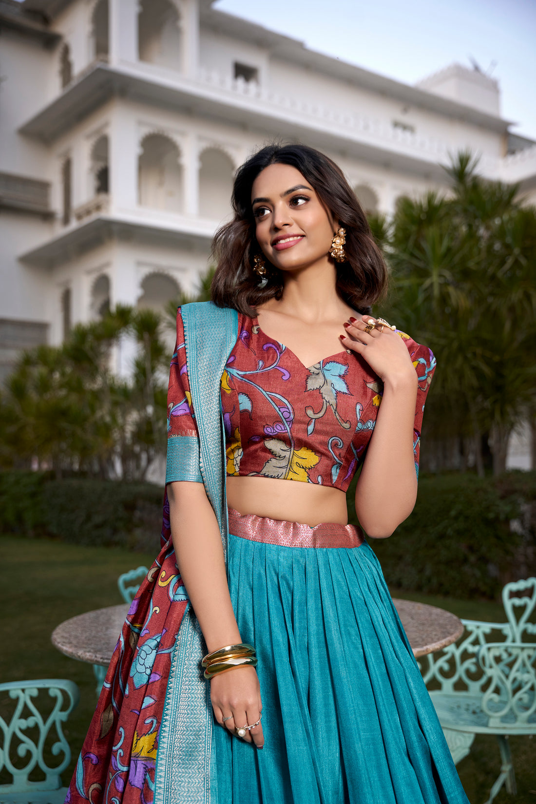 red  & sky   Kalamkari Lehenga Set