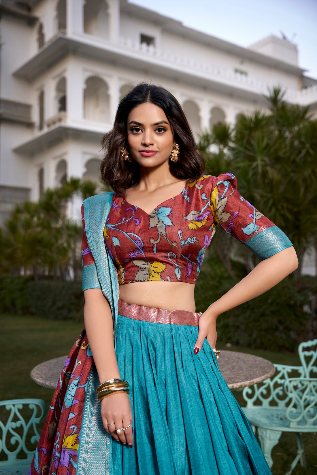 red  & sky   Kalamkari Lehenga Set