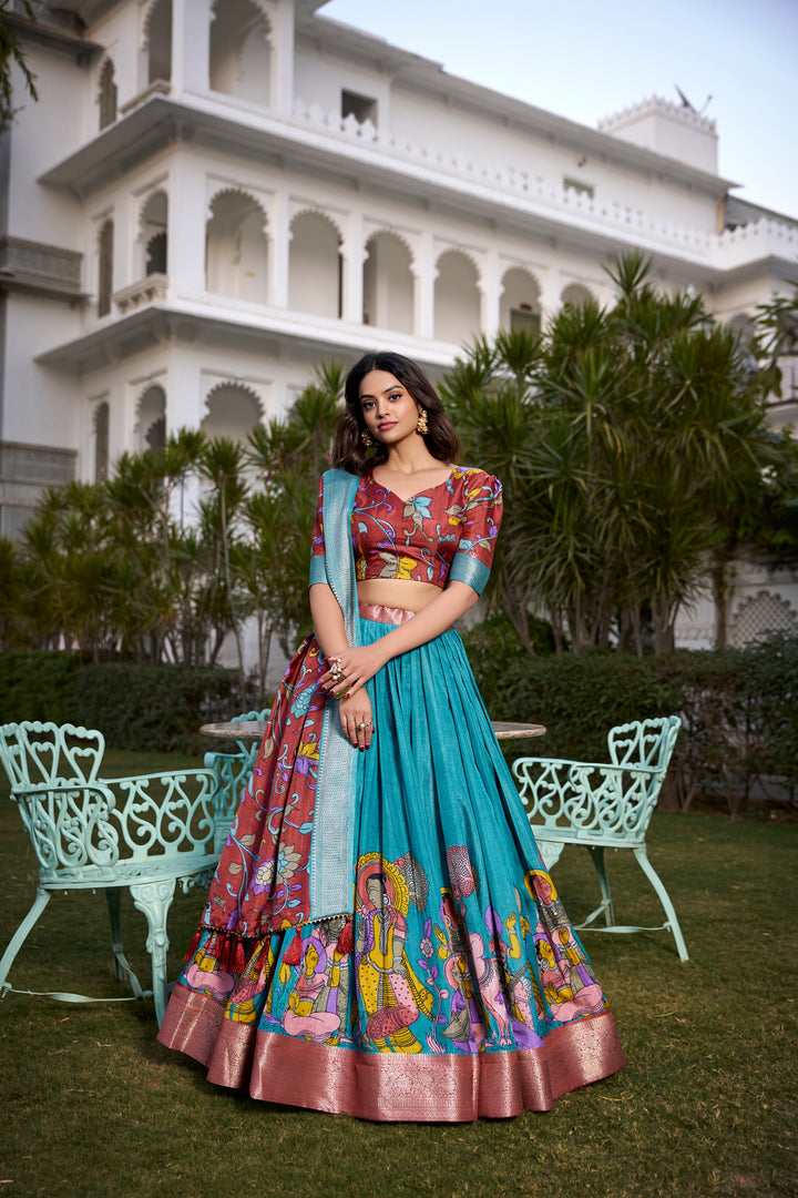 red  & sky   Kalamkari Lehenga Set